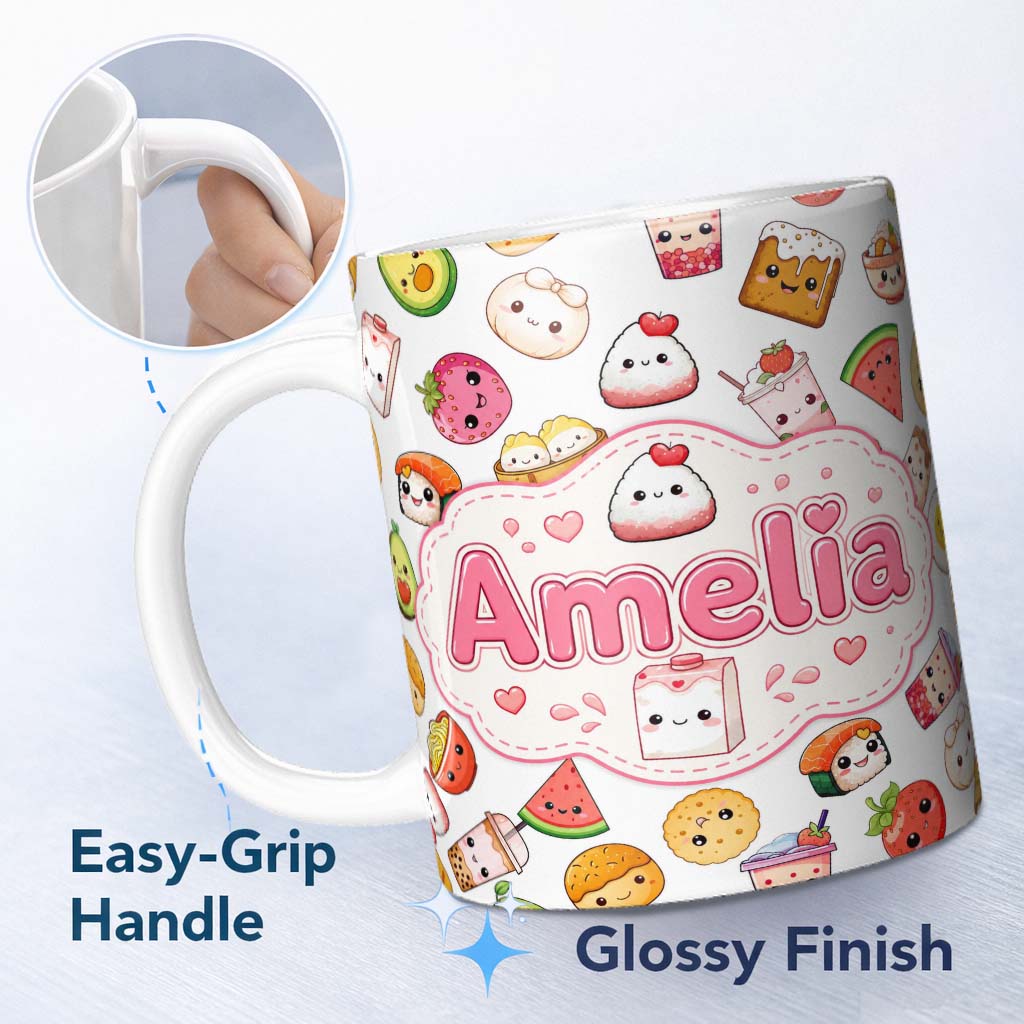 Personalized Custom Name Cute Kawaii Food Characters on Light Grey Background Seamless 11oz Ceramic Coffee Tea Mug White Large Handle