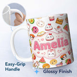 Personalized Custom Name Cute Kawaii Food Characters on Light Grey Background Seamless 11oz Ceramic Coffee Tea Mug White Large Handle