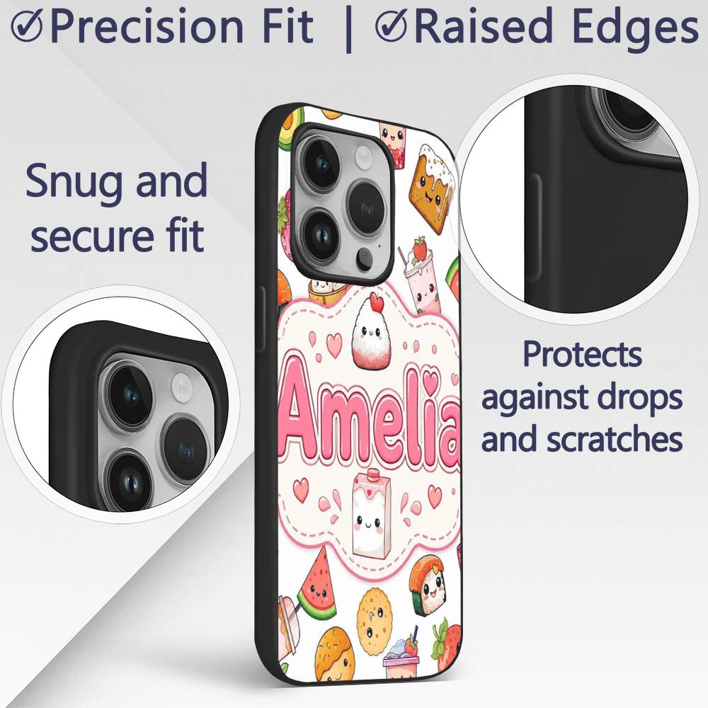 Cute Kawaii Food Characters on Printed Design Custom Name Protective Phone Case Mobile Cover Durable Everyday Smartphone Shock Resistant