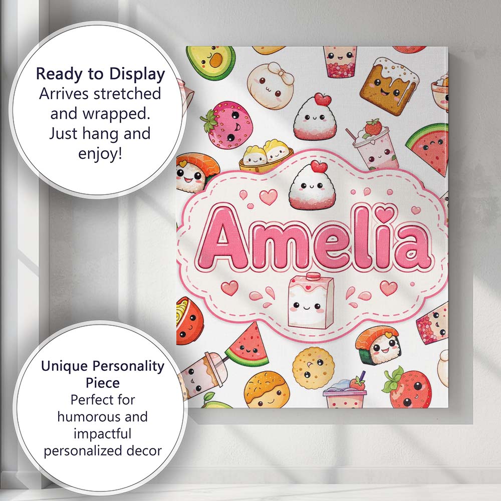 Personalised Name Cute Kawaii Food Characters Custom Unique Gift Idea Modern Room Accent Canvas Wall Art Print Decor Picture Ready to Hang