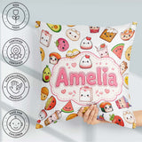 Custom Name Cute Kawaii Food Characters on Light Grey Background Square Filled Cushion Throw Pillow Sofa Bed Home Decor Zip Washable UK Made