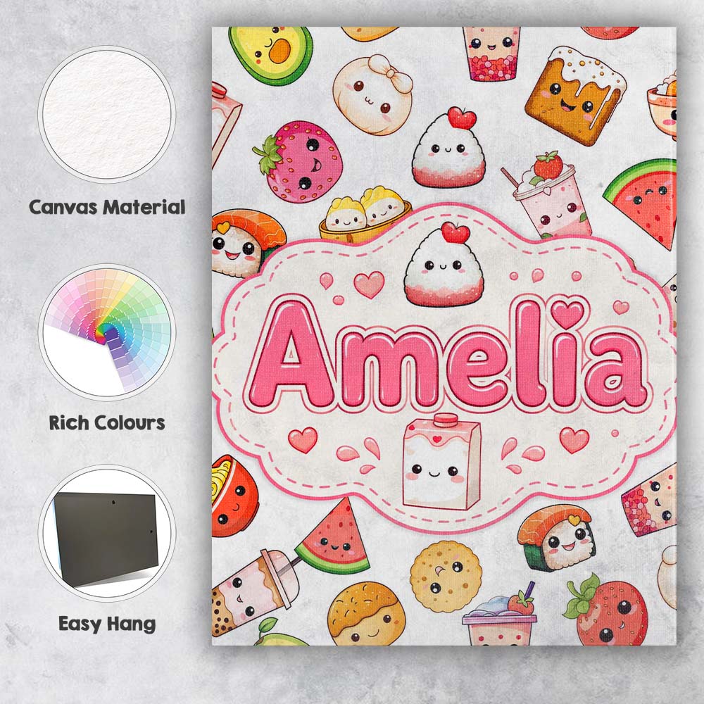 Personalised Name Cute Kawaii Food Characters Custom Unique Gift Idea Modern Room Accent Canvas Wall Art Print Decor Picture Ready to Hang