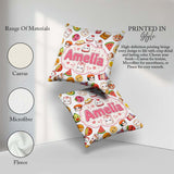 Custom Name Cute Kawaii Food Characters on Light Grey Background Square Filled Cushion Throw Pillow Sofa Bed Home Decor Zip Washable UK Made