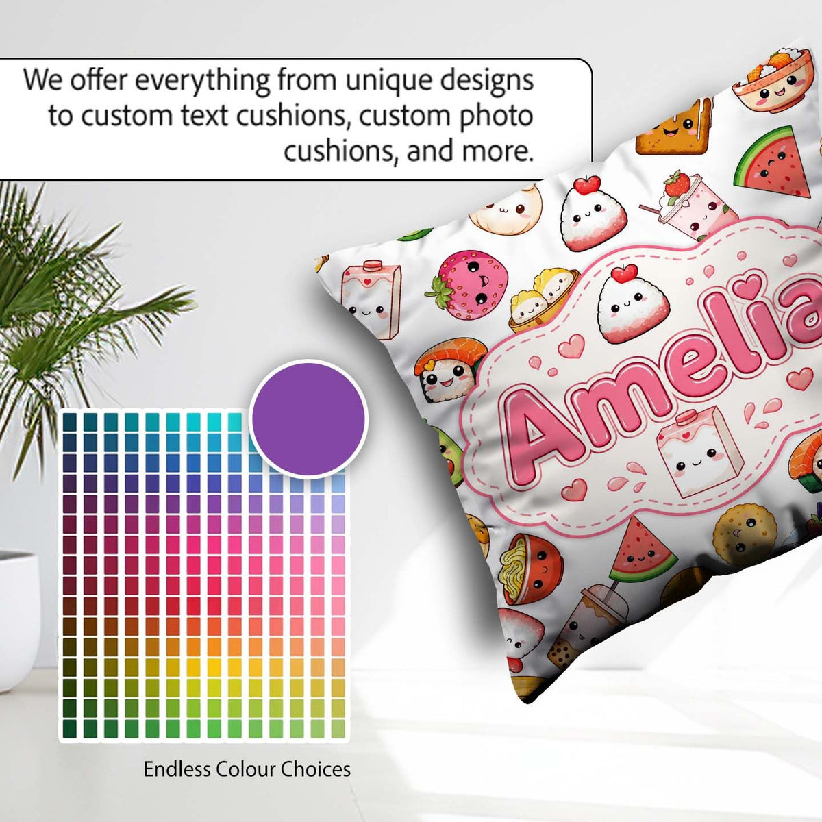 Custom Name Cute Kawaii Food Characters on Light Grey Background Square Filled Cushion Throw Pillow Sofa Bed Home Decor Zip Washable UK Made