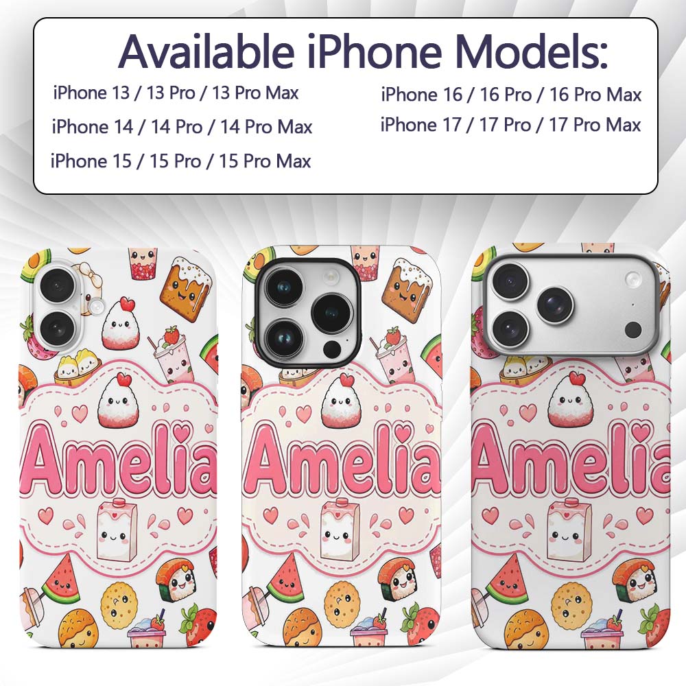 Cute Kawaii Food Characters on Printed Design Custom Name Protective Phone Case Mobile Cover Durable Everyday Smartphone Shock Resistant