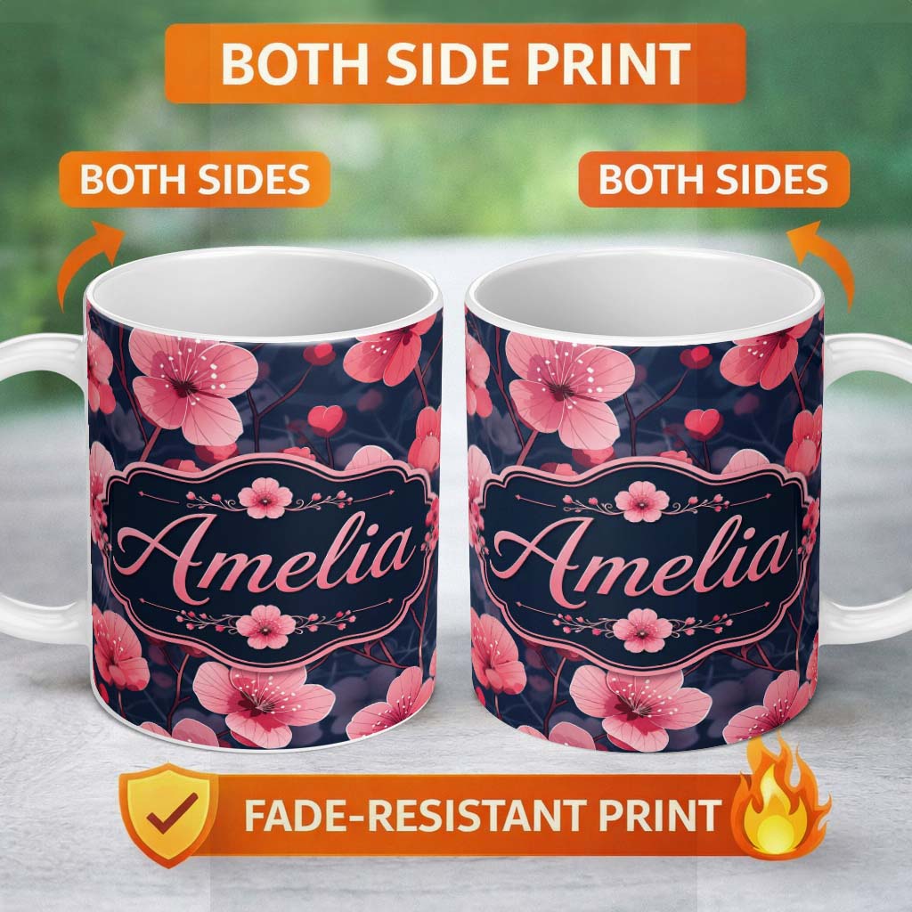 Personalized Custom Name Stylized Cherry Blossom Flowers with Heart Buds Pattern Modern 11oz Ceramic Coffee Tea Mug White Large Handle