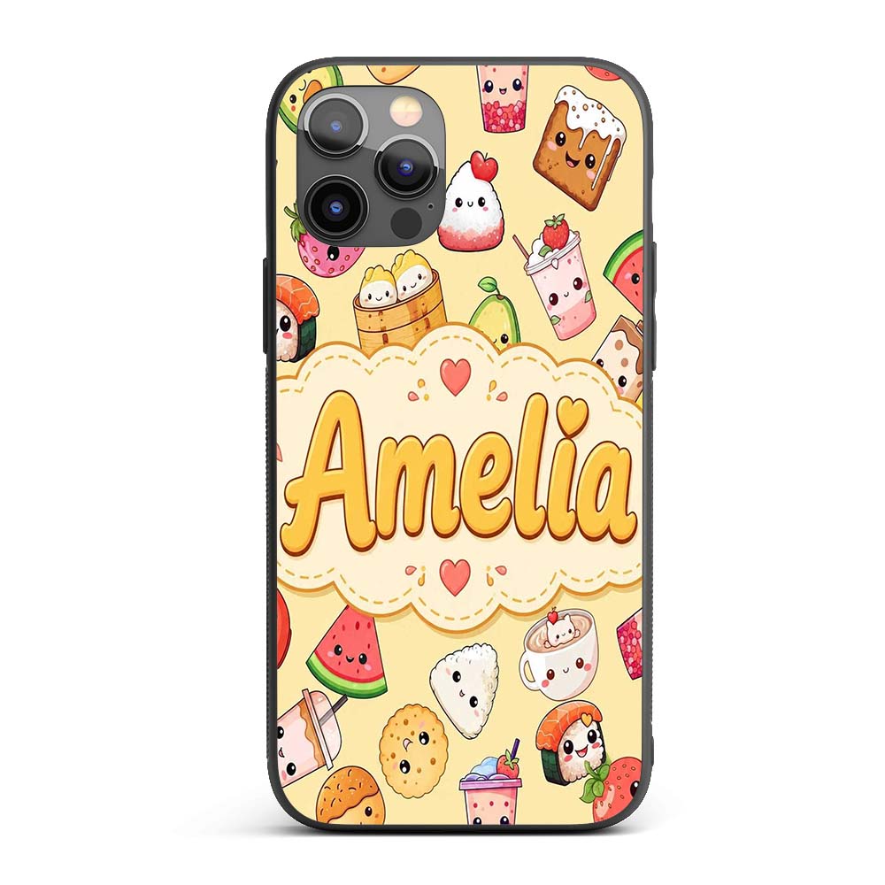 Cute Kawaii Food Characters on Printed Design Custom Name Protective Phone Case Mobile Cover Durable Everyday Smartphone Shock Resistant