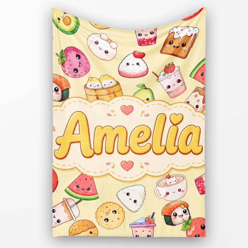 Cute Kawaii Food Characters on Warm Beige Background Seamless  Personalised Custom Name Super Soft Fleece Blanket Bed Sofa Throw