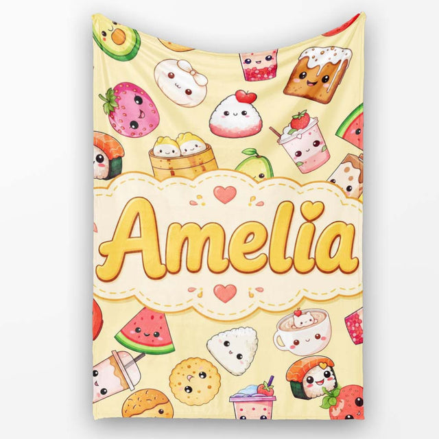 Cute Kawaii Food Characters on Warm Beige Background Seamless  Personalised Custom Name Super Soft Fleece Blanket Bed Sofa Throw