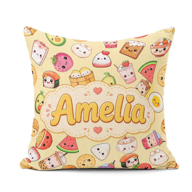 Custom Name Cute Kawaii Food Characters on Warm Beige Background Square Filled Cushion Throw Pillow Sofa Bed Home Decor Zip Washable UK Made