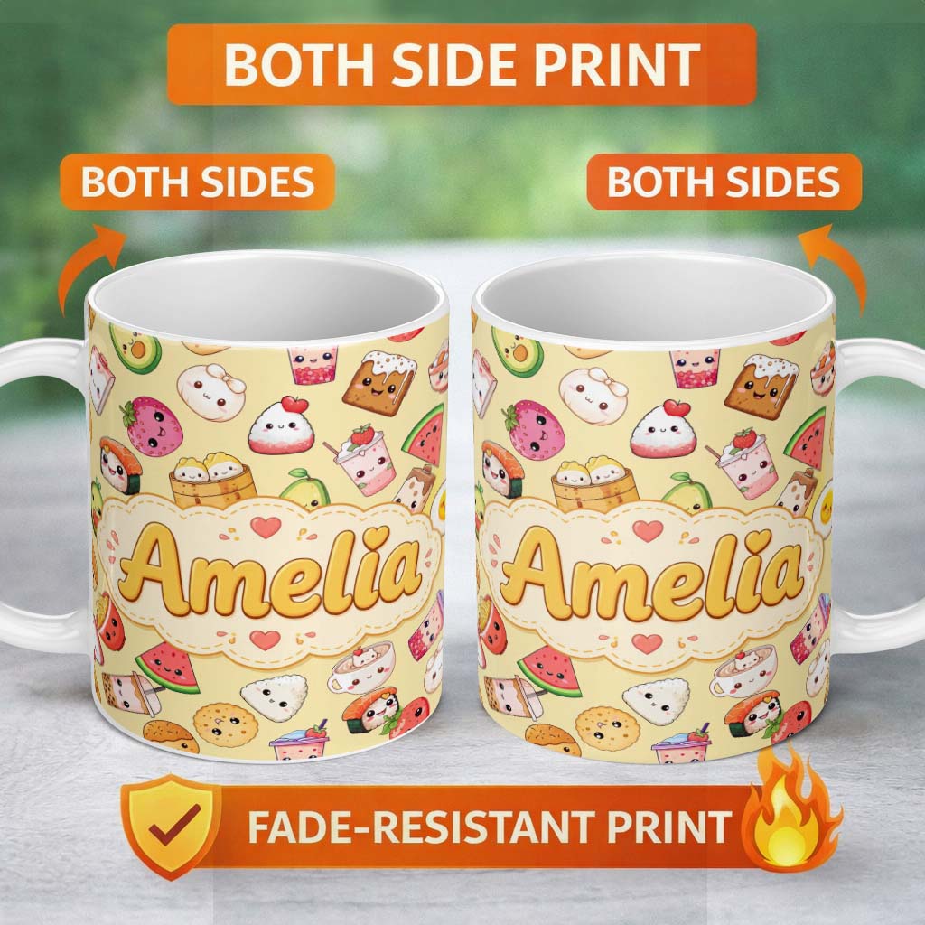Personalized Custom Name Cute Kawaii Food Characters on Warm Beige Background Seamless 11oz Ceramic Coffee Tea Mug White Large Handle