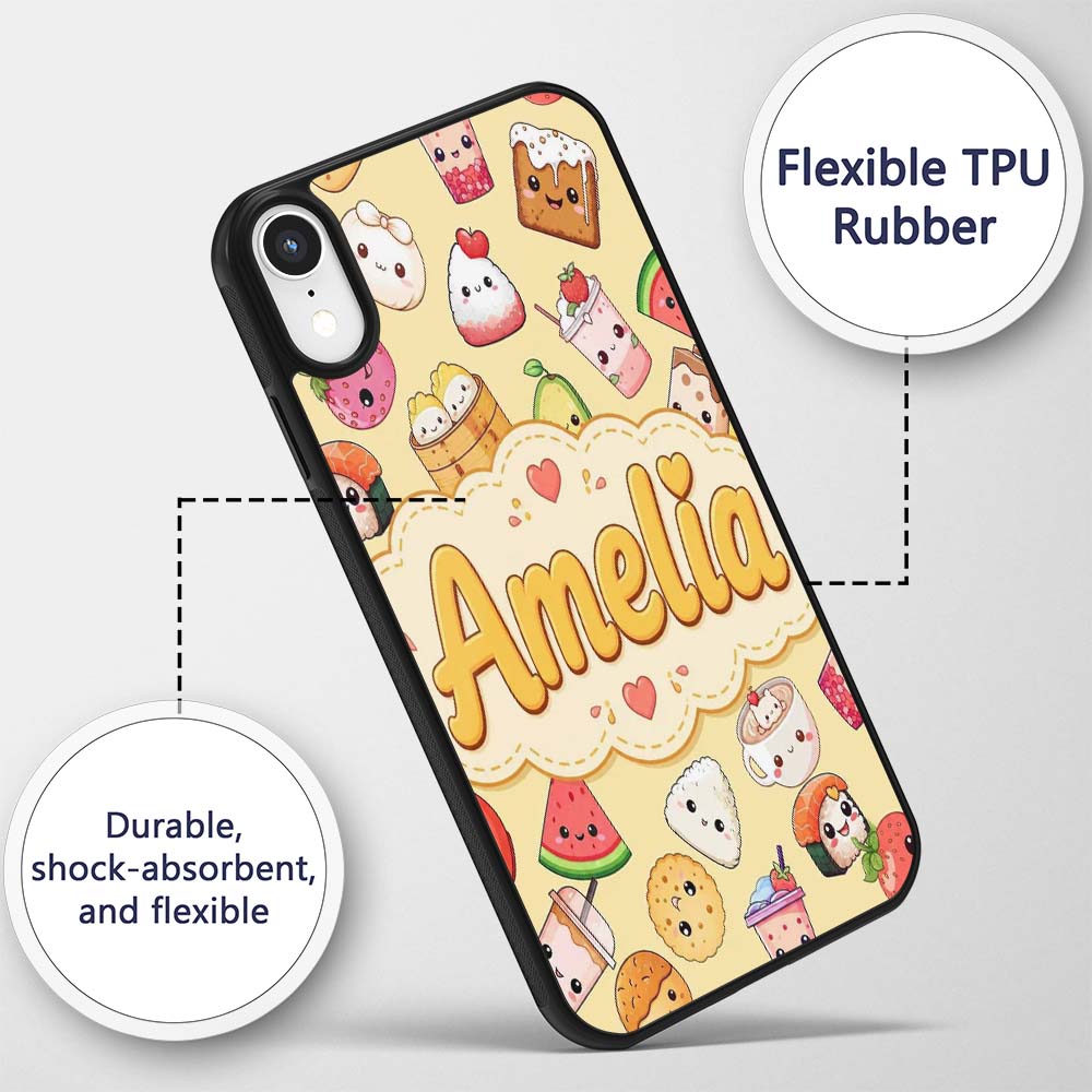 Cute Kawaii Food Characters on Printed Design Custom Name Protective Phone Case Mobile Cover Durable Everyday Smartphone Shock Resistant