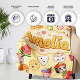 Cute Kawaii Food Characters on Warm Beige Background Seamless  Personalised Custom Name Super Soft Fleece Blanket Bed Sofa Throw