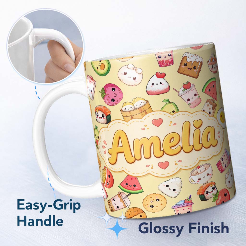 Personalized Custom Name Cute Kawaii Food Characters on Warm Beige Background Seamless 11oz Ceramic Coffee Tea Mug White Large Handle