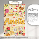 Cute Kawaii Food Characters on Warm Beige Background Seamless  Personalised Custom Name Super Soft Fleece Blanket Bed Sofa Throw
