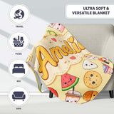 Cute Kawaii Food Characters on Warm Beige Background Seamless  Personalised Custom Name Super Soft Fleece Blanket Bed Sofa Throw