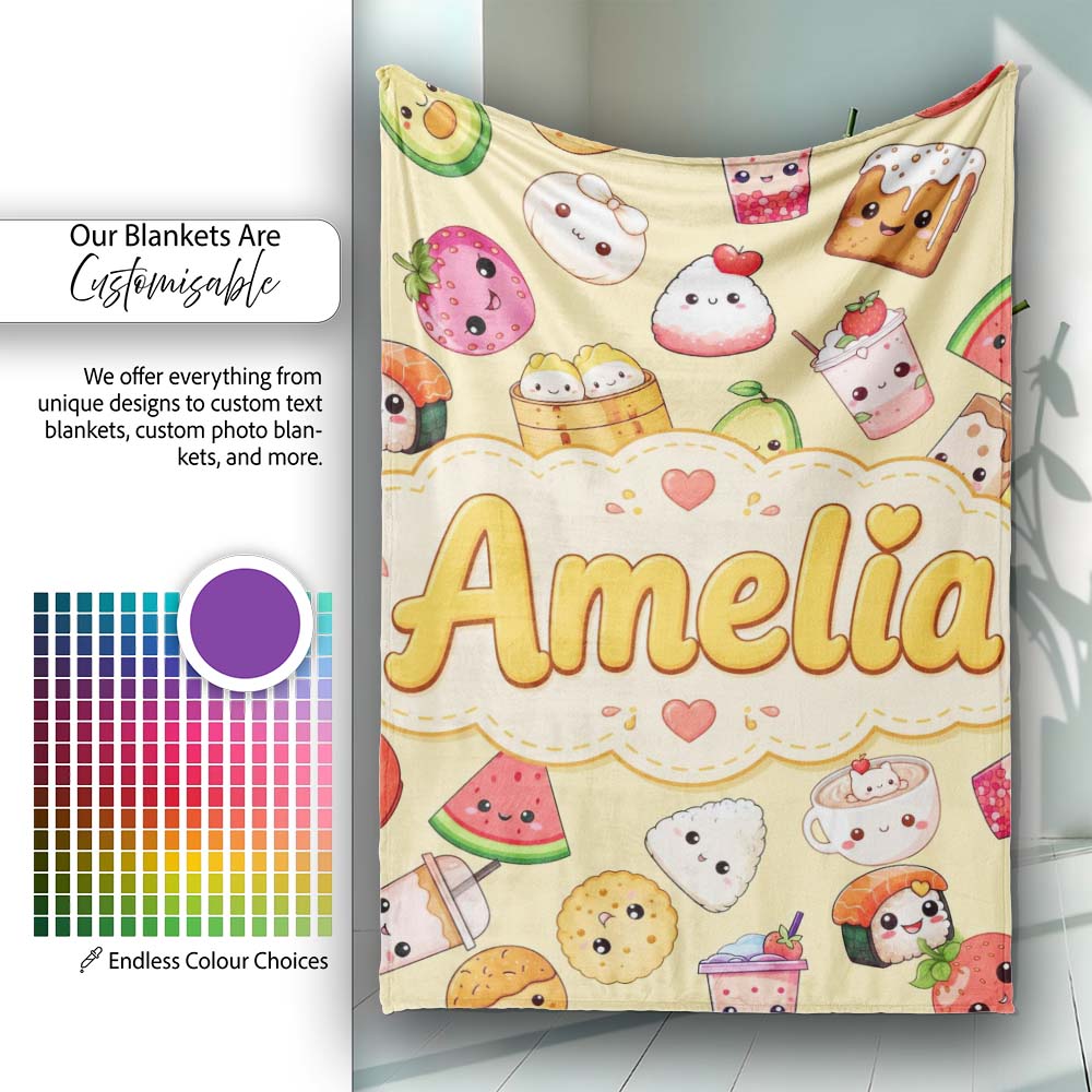 Cute Kawaii Food Characters on Warm Beige Background Seamless  Personalised Custom Name Super Soft Fleece Blanket Bed Sofa Throw