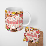 Personalized Custom Name Cute Kawaii Food Collage Characters Seamless Pattern Name Unique 11oz Ceramic Coffee Tea Mug White Large Handle