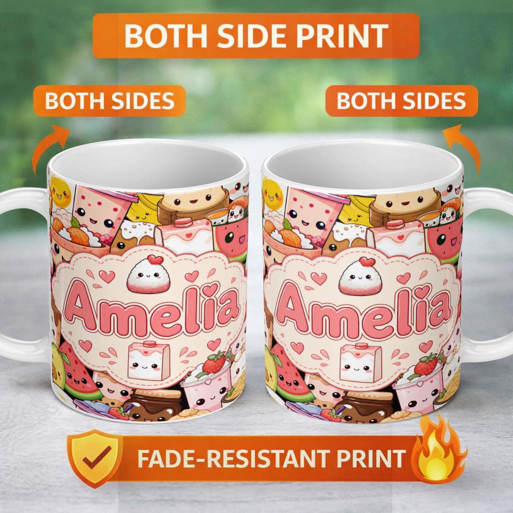 Personalized Custom Name Cute Kawaii Food Collage Characters Seamless Pattern Name Unique 11oz Ceramic Coffee Tea Mug White Large Handle