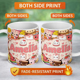 Personalized Custom Name Cute Kawaii Food Collage Characters Seamless Pattern Name Unique 11oz Ceramic Coffee Tea Mug White Large Handle