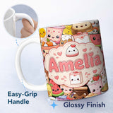Personalized Custom Name Cute Kawaii Food Collage Characters Seamless Pattern Name Unique 11oz Ceramic Coffee Tea Mug White Large Handle