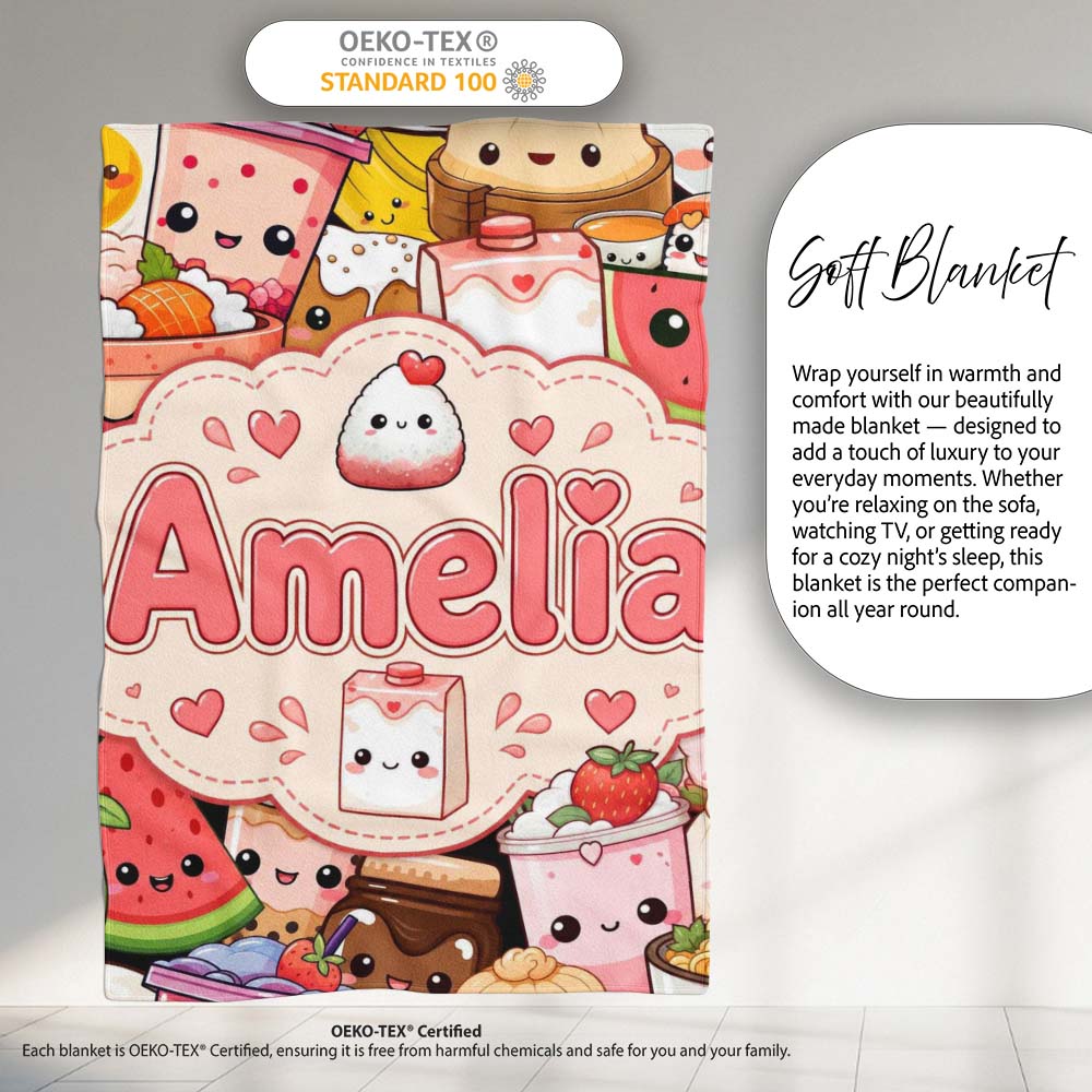 Cute Kawaii Food Collage Characters Seamless Pattern Name Unique  Personalised Custom Name Super Soft Fleece Blanket Bed Sofa Throw