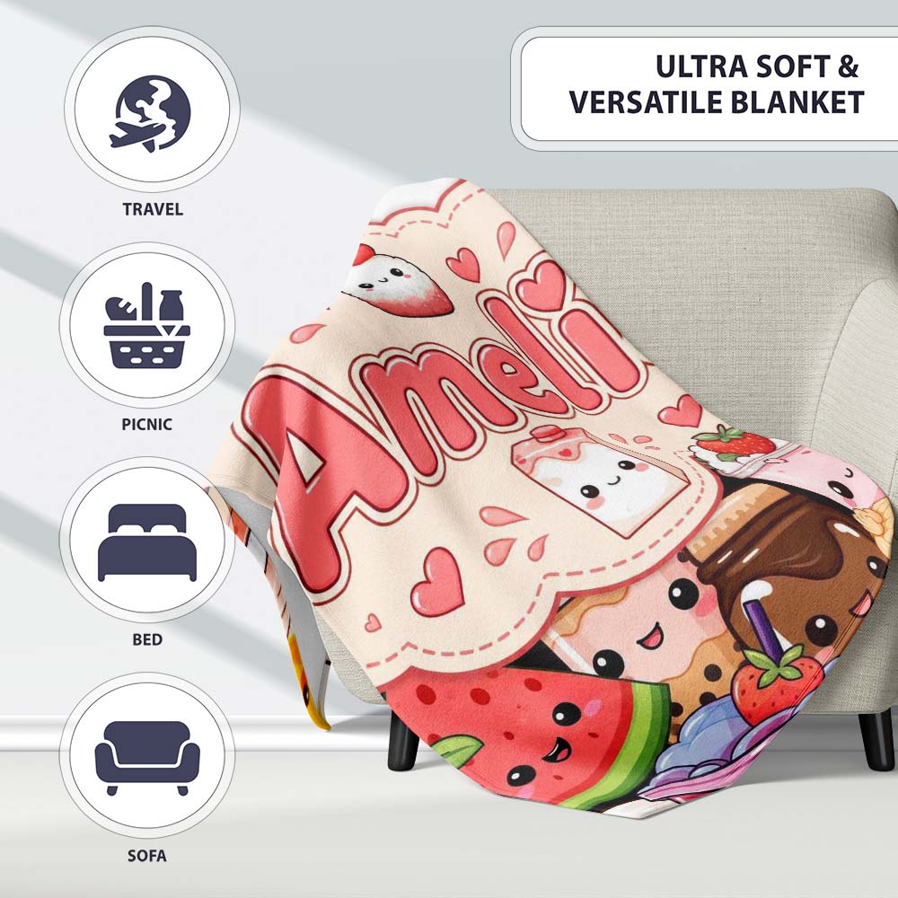 Cute Kawaii Food Collage Characters Seamless Pattern Name Unique  Personalised Custom Name Super Soft Fleece Blanket Bed Sofa Throw