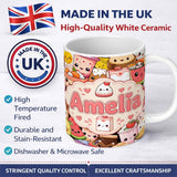 Personalized Custom Name Cute Kawaii Food Collage Characters Seamless Pattern Name Unique 11oz Ceramic Coffee Tea Mug White Large Handle