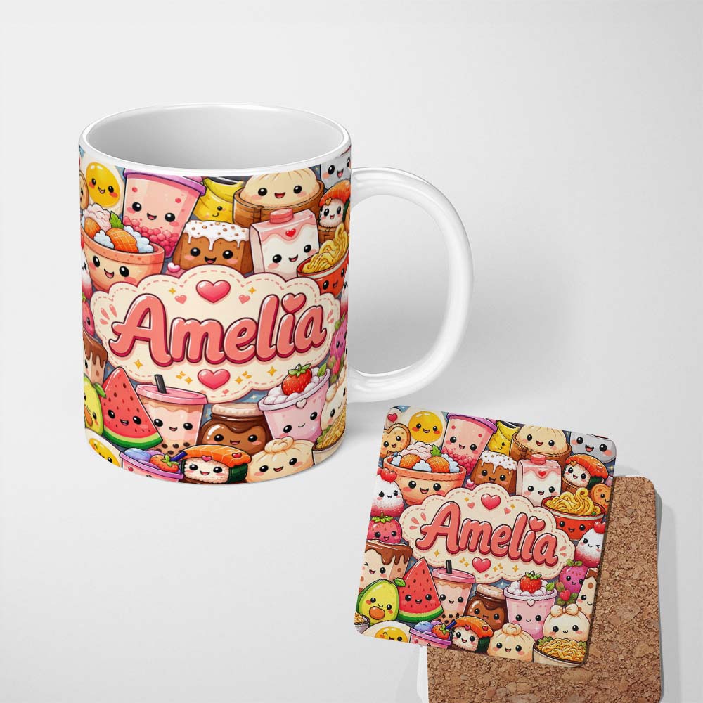 Personalized Custom Name Cute Kawaii Food Collage Characters on Blue Background Seamless 11oz Ceramic Coffee Tea Mug White Large Handle