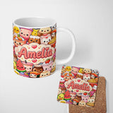 Personalized Custom Name Cute Kawaii Food Collage Characters on Blue Background Seamless 11oz Ceramic Coffee Tea Mug White Large Handle