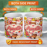Personalized Custom Name Cute Kawaii Food Collage Characters on Blue Background Seamless 11oz Ceramic Coffee Tea Mug White Large Handle