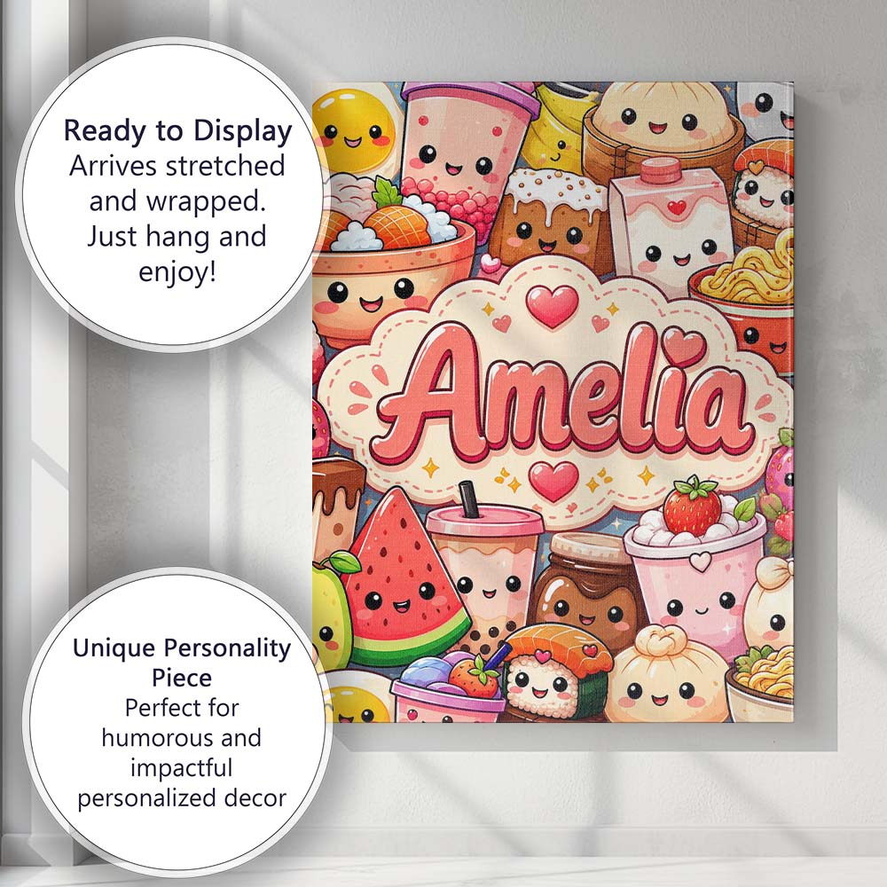 Personalised Name Cute Kawaii Food Collage Custom  Unique Gift Idea Elegant Feature Canvas Wall Art Print Decor Picture Ready to Hang