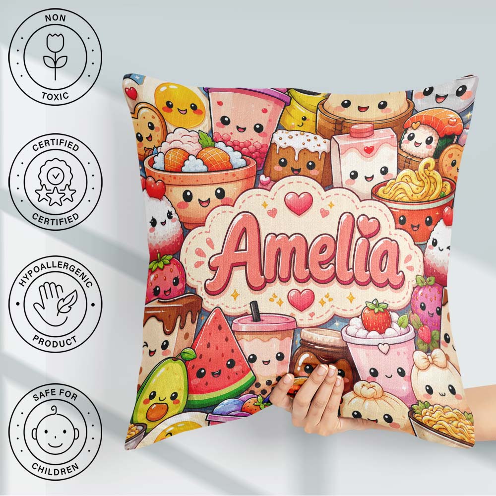 Custom Name Cute Kawaii Food Collage Characters on Blue Seamless Square Filled Cushion Throw Pillow Sofa Bed Home Decor Zip Washable UK Made