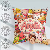 Custom Name Cute Kawaii Food Collage Characters on Blue Seamless Square Filled Cushion Throw Pillow Sofa Bed Home Decor Zip Washable UK Made