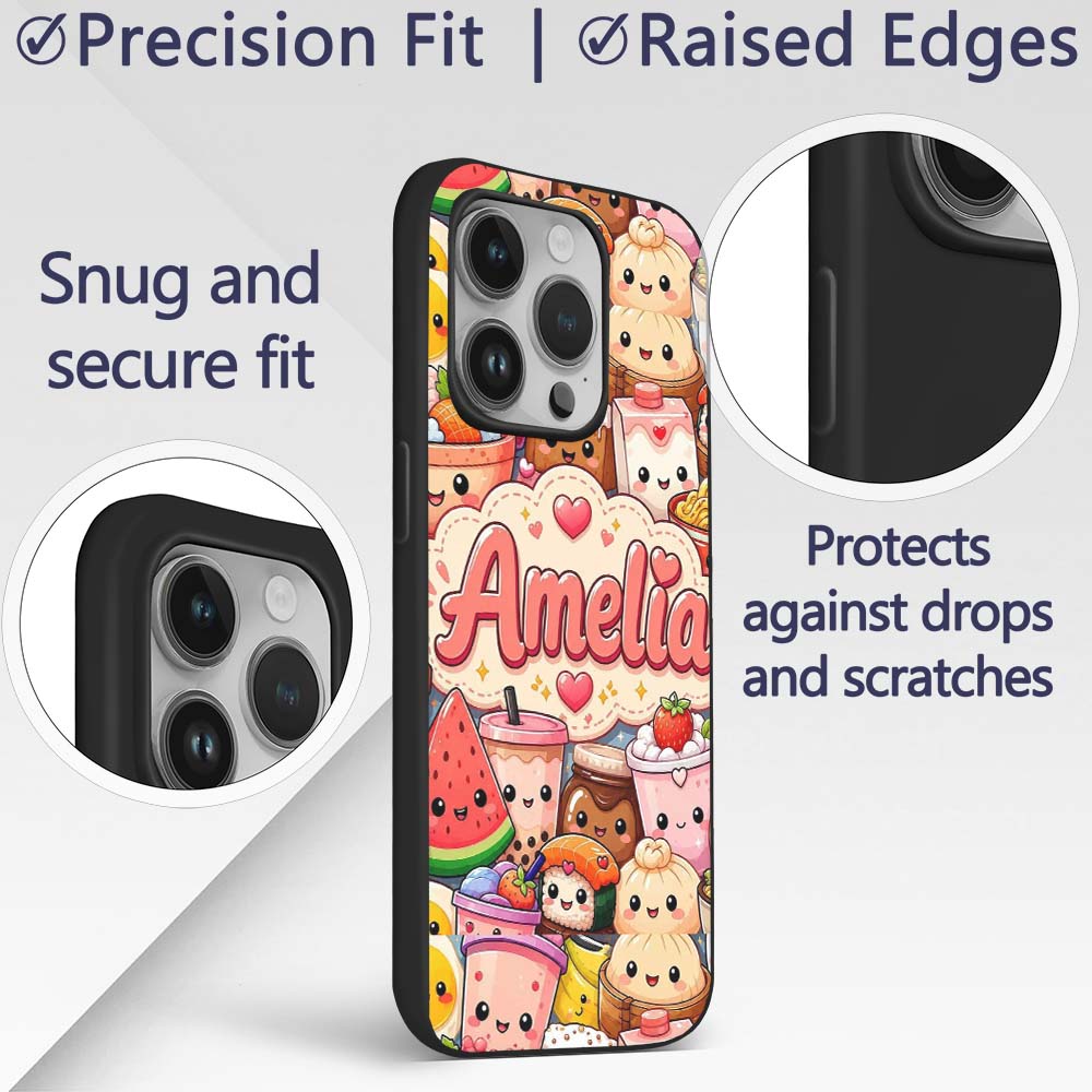 Cute Kawaii Food Collage Characters on Blue Background Custom Name Protective Phone Case Mobile Cover Durable Smartphone Shock Resistant