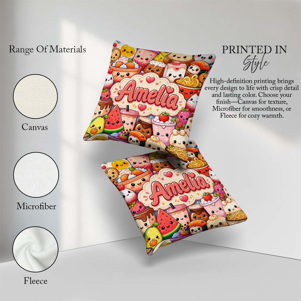 Custom Name Cute Kawaii Food Collage Characters on Blue Seamless Square Filled Cushion Throw Pillow Sofa Bed Home Decor Zip Washable UK Made