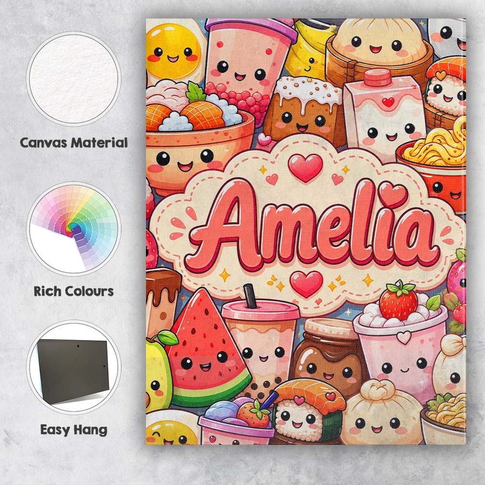 Personalised Name Cute Kawaii Food Collage Custom  Unique Gift Idea Elegant Feature Canvas Wall Art Print Decor Picture Ready to Hang