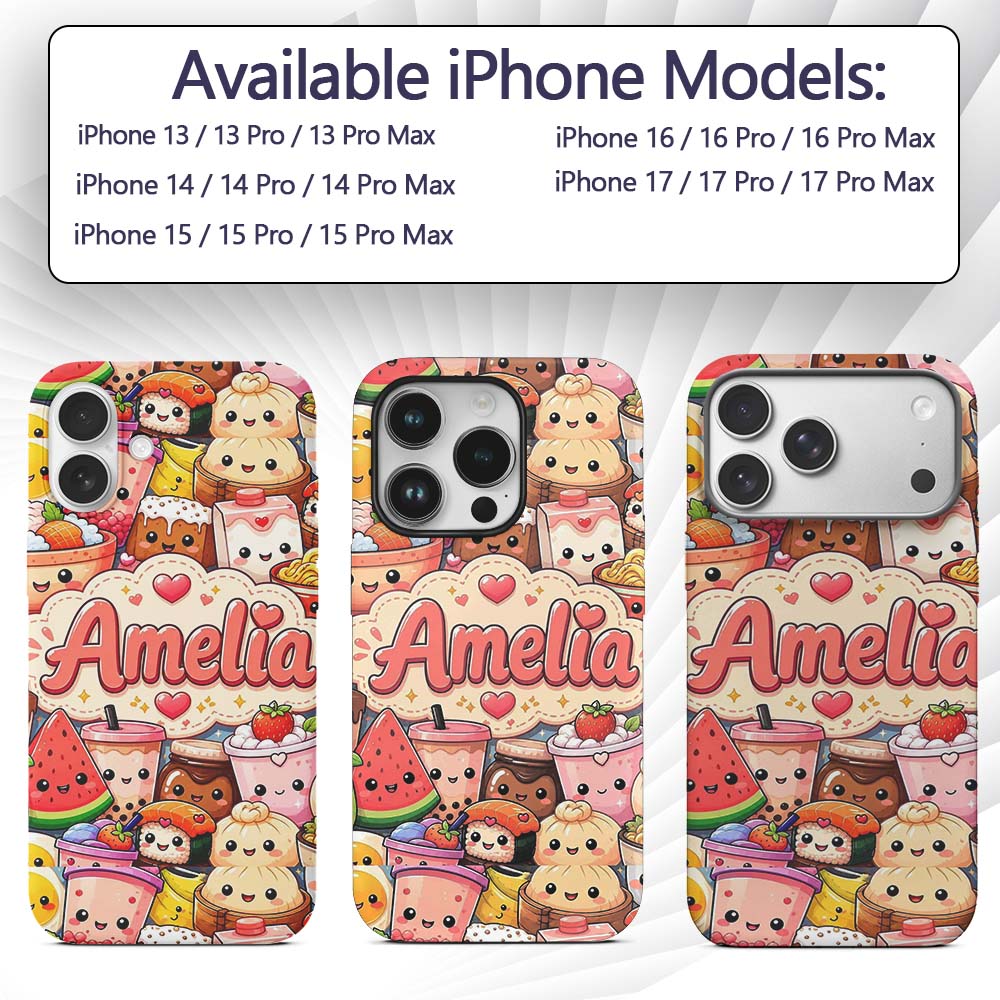 Cute Kawaii Food Collage Characters on Blue Background Custom Name Protective Phone Case Mobile Cover Durable Smartphone Shock Resistant