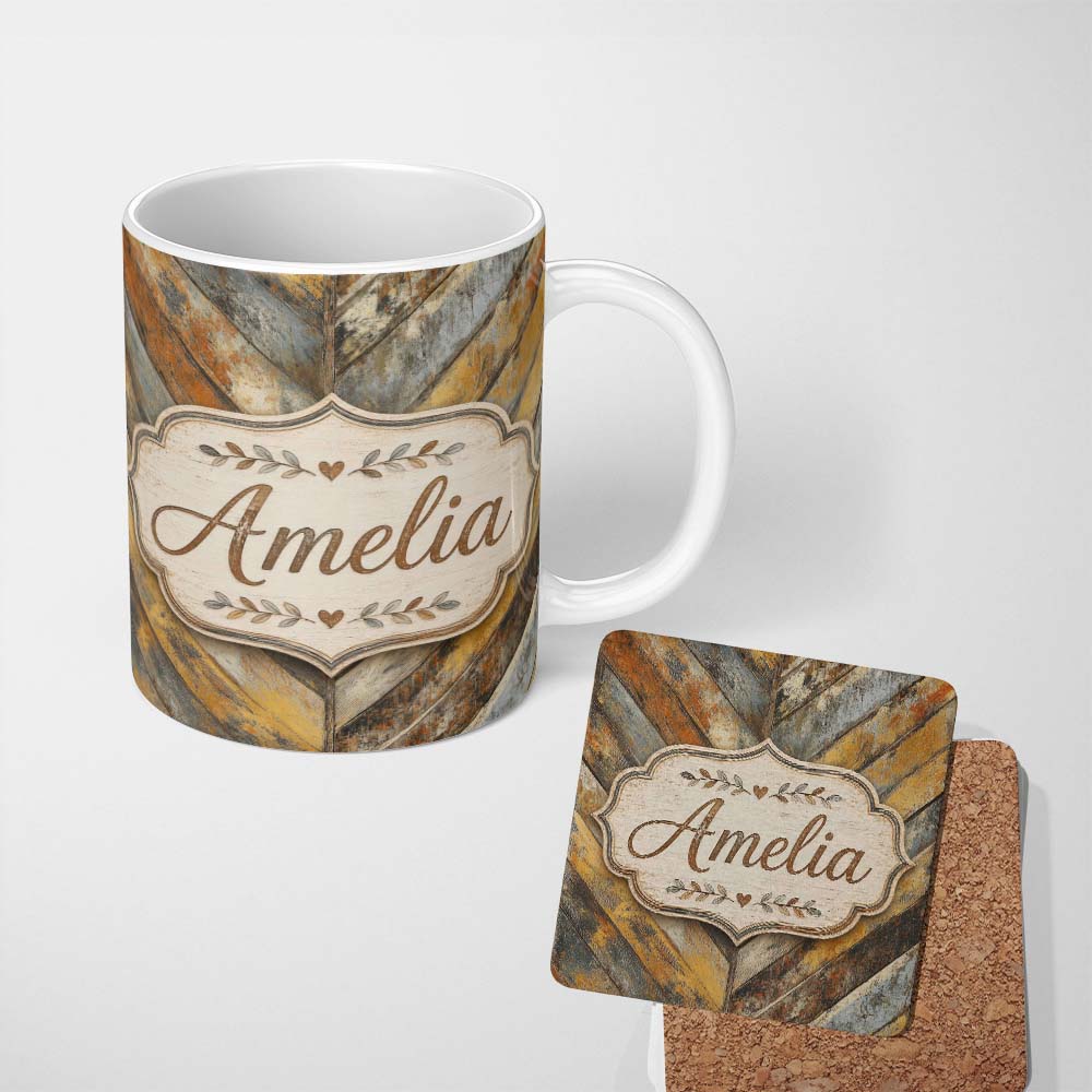 Personalized Custom Name Rustic Distressed Wood Chevron Pattern Vintage Texture Seamless 11oz Ceramic Coffee Tea Mug White Large Handle