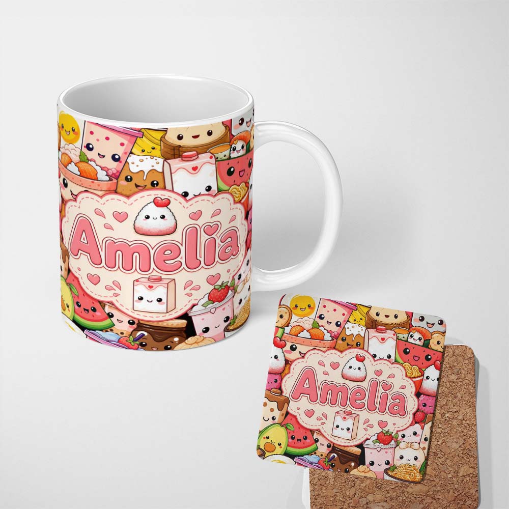 Personalized Custom Name Cute Kawaii Food Collage Characters on Red Background Seamless 11oz Ceramic Coffee Tea Mug White Large Handle