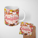 Personalized Custom Name Cute Kawaii Food Collage Characters on Red Background Seamless 11oz Ceramic Coffee Tea Mug White Large Handle