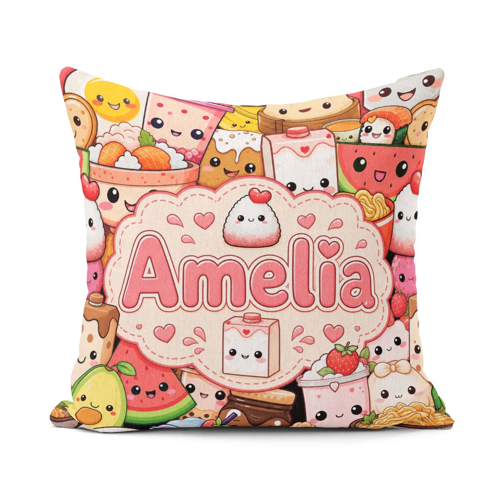 Custom Name Cute Kawaii Food Collage Characters on Red Seamless Square Filled Cushion Throw Pillow Sofa Bed Home Decor Zip Washable UK Made