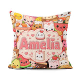 Custom Name Cute Kawaii Food Collage Characters on Red Seamless Square Filled Cushion Throw Pillow Sofa Bed Home Decor Zip Washable UK Made