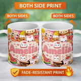 Personalized Custom Name Cute Kawaii Food Collage Characters on Red Background Seamless 11oz Ceramic Coffee Tea Mug White Large Handle