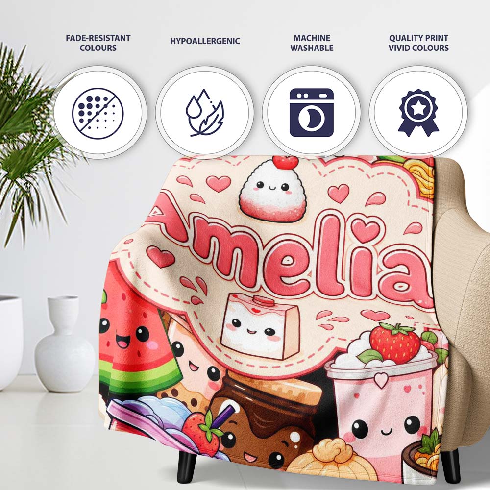Cute Kawaii Food Collage Characters on Red Background Seamless  Personalised Custom Name Super Soft Fleece Blanket Bed Sofa Throw
