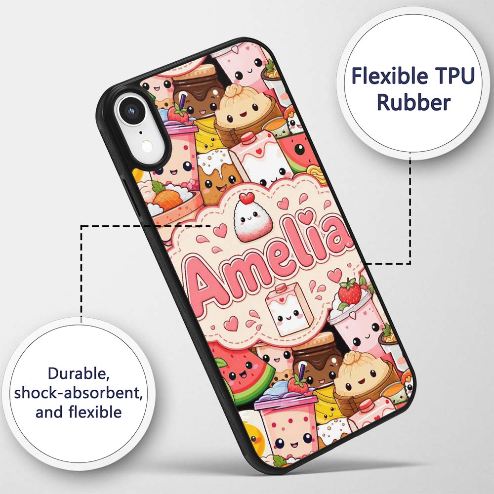 Cute Kawaii Food Collage Characters on Red Background Custom Name Protective Phone Case Mobile Cover Durable Smartphone Shock Resistant