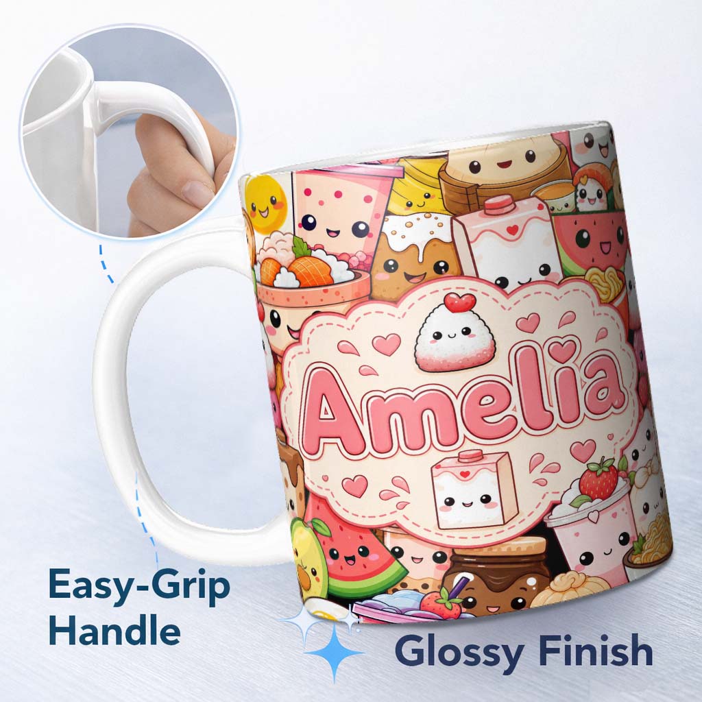 Personalized Custom Name Cute Kawaii Food Collage Characters on Red Background Seamless 11oz Ceramic Coffee Tea Mug White Large Handle