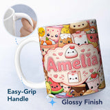 Personalized Custom Name Cute Kawaii Food Collage Characters on Red Background Seamless 11oz Ceramic Coffee Tea Mug White Large Handle