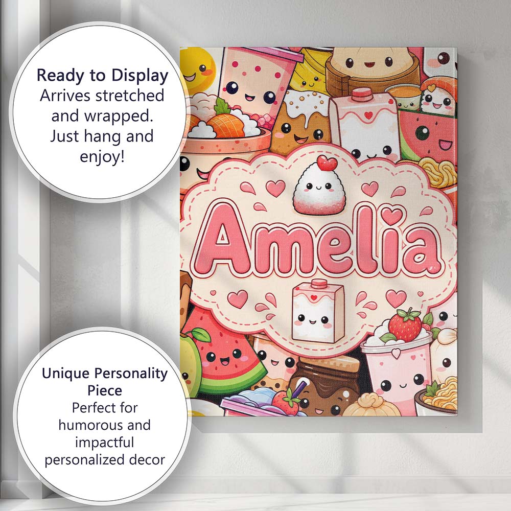 Personalised Name Cute Kawaii Food Collage Custom  Unique Gift Idea Elegant Feature Canvas Wall Art Print Decor Picture Ready to Hang