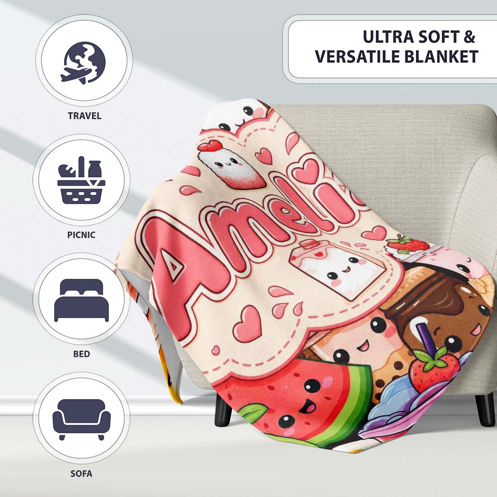 Cute Kawaii Food Collage Characters on Red Background Seamless  Personalised Custom Name Super Soft Fleece Blanket Bed Sofa Throw